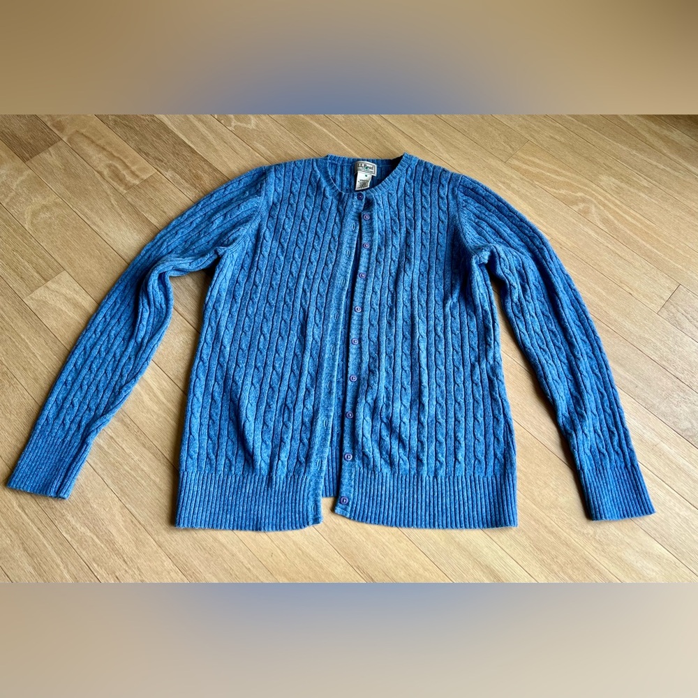 L.L. Bean Blue Cable Knit Cardigan Sweater Large Wool